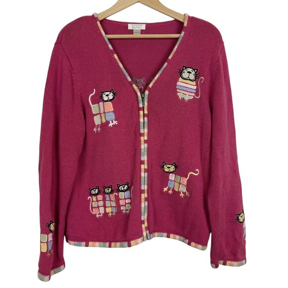 Vtg Y2K Christopher & Banks Cat Cardigan Sweater Large Pink Applique Zip Whimsy - Picture 1 of 11